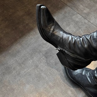 暗黑缝线拼接尖头切尔西靴翘头巫师靴拉链工装皮靴男女复古骑士靴