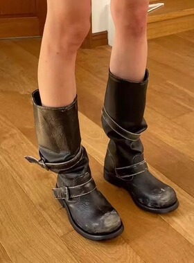 nt3暗黑复古做旧擦色皮带扣西部靴女真皮褶皱堆堆靴废土风马丁靴