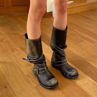 nt3暗黑复古做旧擦色皮带扣西部靴女真皮褶皱堆堆靴废土风马丁靴