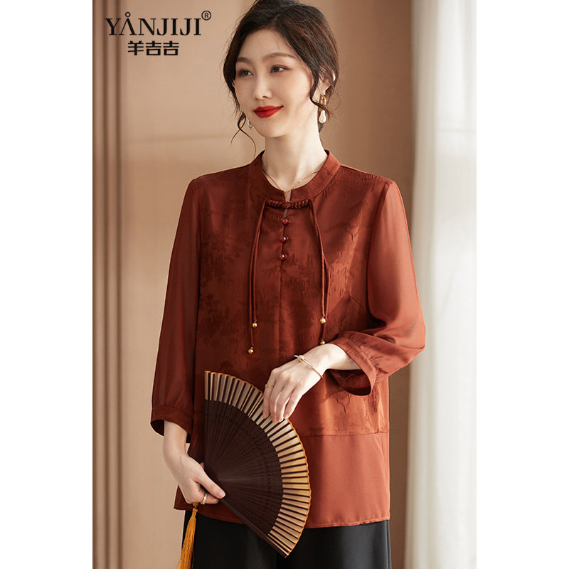 中国风妈妈夏装薄款T恤衬衫高贵中老年秋装雪纺衫气质新中式上衣
