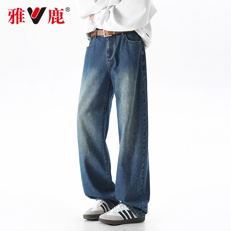 雅鹿2025春季新款复古弯刀阔腿牛仔裤男款垂感直筒宽松裤子高街男