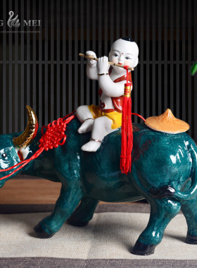客厅装饰品摆件景德镇陶瓷器牧童骑牛酒柜艺术家居工艺品中式摆设