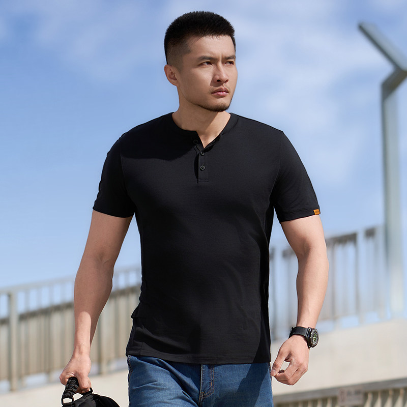 龙牙秘之风羽PRO美丽诺羊毛亨利领短袖短袖T恤夏透气户外通勤男