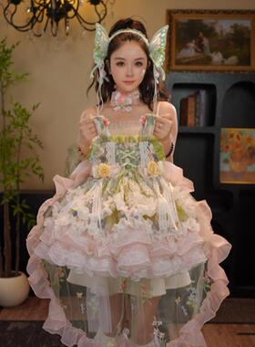 女童洛丽塔连衣裙2026夏季新款女宝宝绿色蕾丝裙公主裙蓬蓬裙礼服