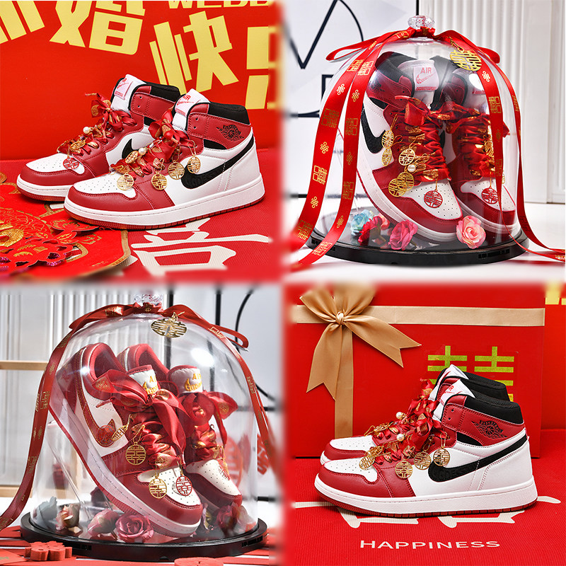 aj红色订婚鞋新娘鞋莆田aj1高帮女鞋运动鞋dunk秀禾情侣结婚鞋子
