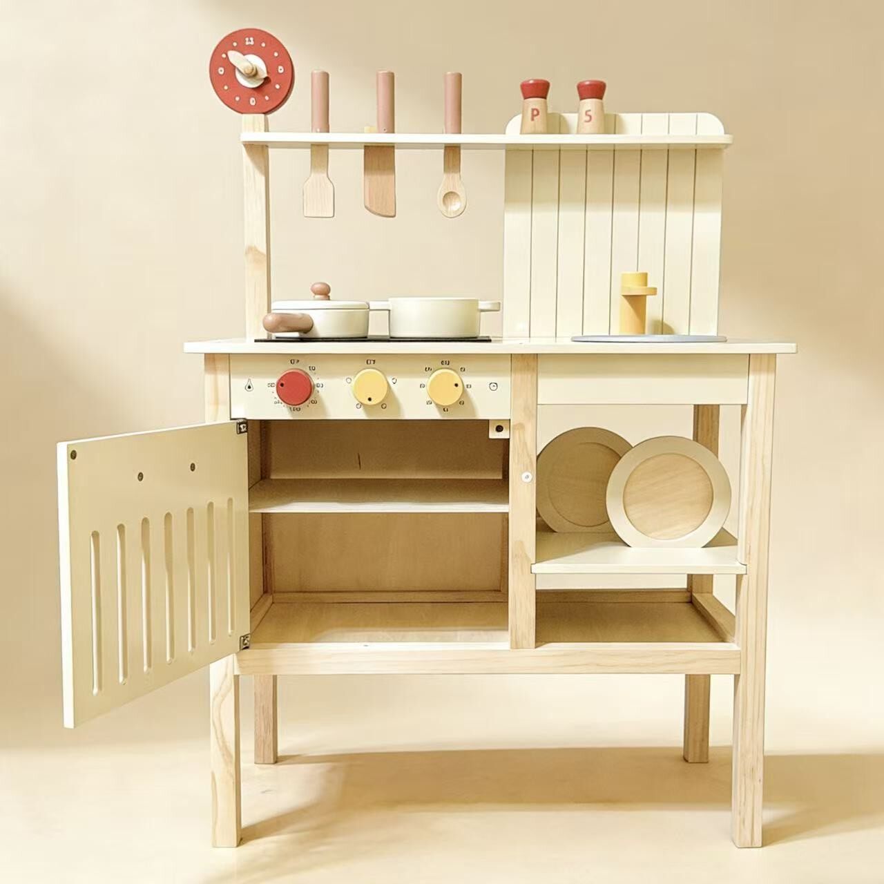 韩国实木原木色儿童过家家仿真厨房玩具宝宝模拟做饭煮饭厨具套装