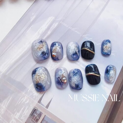 【一抹幽蓝】MUSSIE NAIL蓝色晕染重工高级感纯手工短款穿戴甲