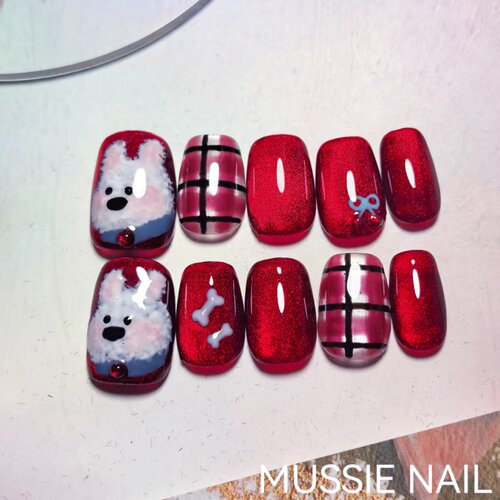 【西高地小狗】MUSSIE NAIL新年红猫眼儿童高级纯手工短款穿戴甲