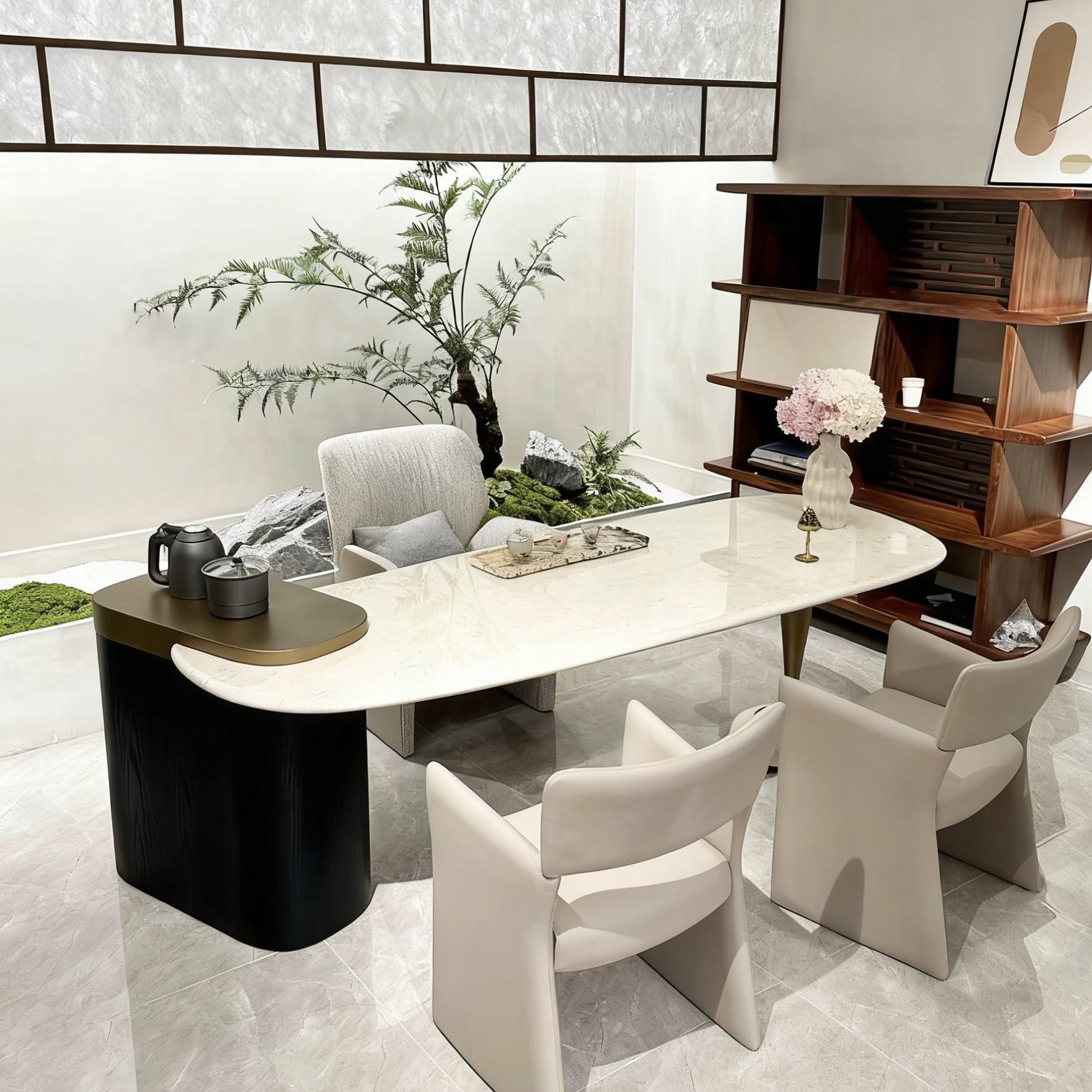 新中式天鹅茶台湖奢石现代简约洞石客厅家用办公茶桌设计师款茶桌