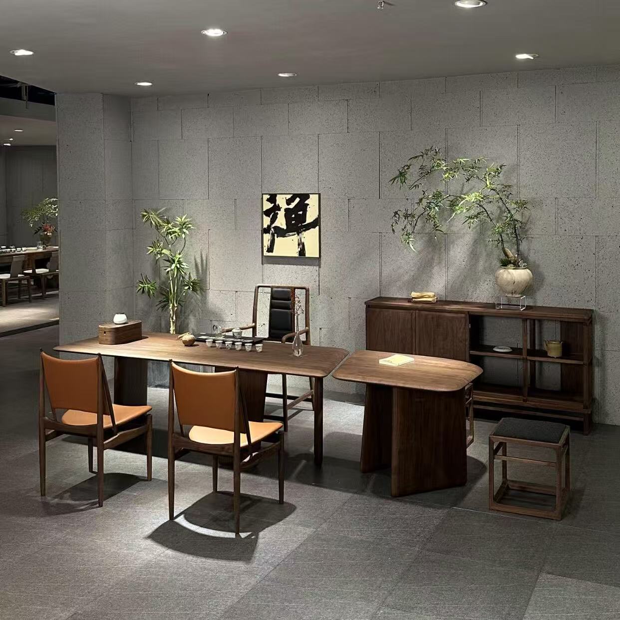 北美黑胡桃木茶桌极简轻奢大板茶室实木客厅办公室泡茶台