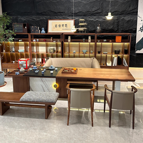 现代简约新中式实木岩板茶桌掼蛋桌组合办公茶台定制