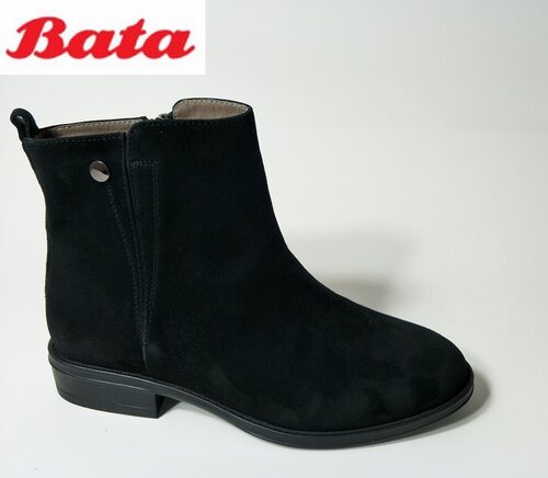 BATA拔佳圆头平跟羊绒皮女短靴