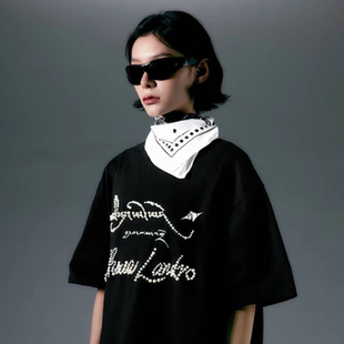 CHAWA LANDRO情侣款珍珠藏文字体夏季新款短袖休闲宽松时尚潮牌