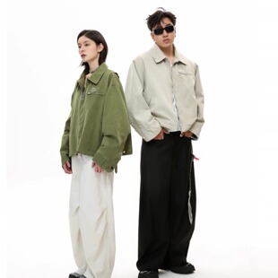 CHAWALANDRO夏瓦兰卓春季翻工装做旧复古领夹克开春破洞外套情侣