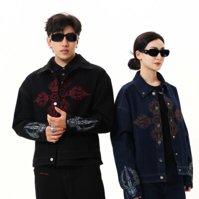 新款藏式国潮金刚杵刺绣牛仔夹克