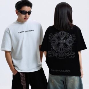 CHAWALANDRO夏瓦兰卓夏季新款重磅立体刺绣情侣金刚杵纯棉T恤短袖