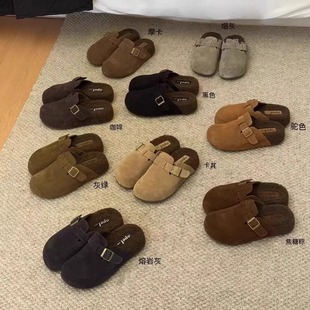 opel欧宝25秋冬新品 女半拖 圆包头真皮扣带休闲厚底内增高勃肯拖鞋