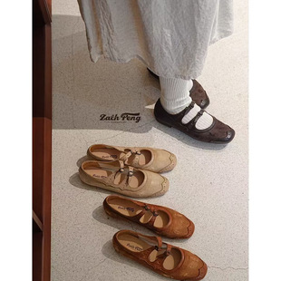 zachpeng25年秋季新品做旧玛丽珍鞋复古芭蕾舞平底真皮浅口单鞋女