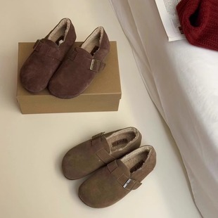 opel欧宝女鞋2025新款秋冬平底加绒磨砂勃肯鞋懒人一脚蹬女奶奶鞋