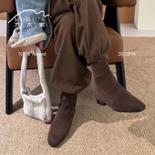 清仓特价 款 通宝tombor2025新款 方头绒面短靴法式 简约百搭低跟