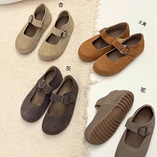 Opel欧宝25年秋冬新品磨砂牛皮复古勃肯平底一字扣带玛丽珍单鞋女