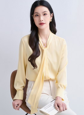 2026轻熟通勤风奶油黄V领飘带真丝桑蚕丝衬衫女长袖垂感气质上衣