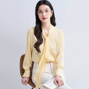 2026轻熟通勤风奶油黄V领飘带真丝桑蚕丝衬衫女长袖垂感气质上衣