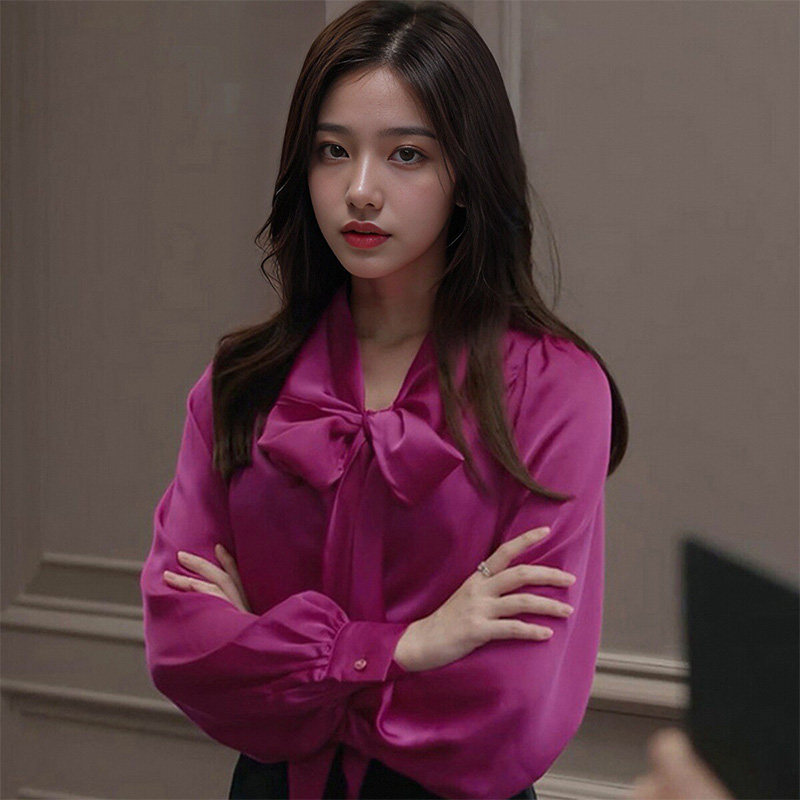 2026春夏新款玫红色蝴蝶结飘带真丝衬衣女知性优雅气质桑蚕丝衬衫