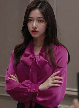 2025早秋新款玫红色蝴蝶结飘带真丝衬衣女知性优雅气质桑蚕丝衬衫