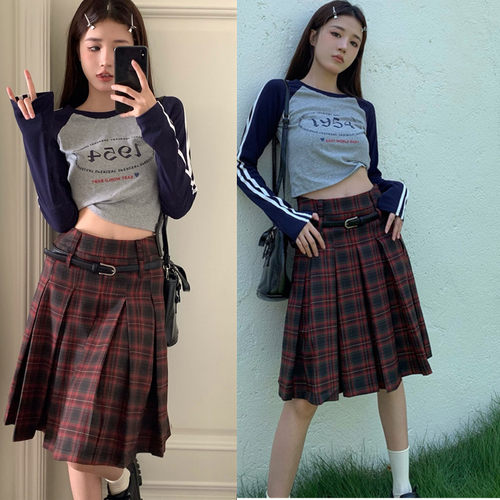 复古学院风格纹jk中长款百褶裙