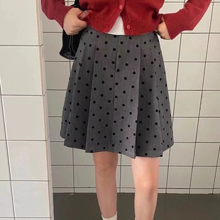 法式 秋冬半身裙显瘦短裙防走光a字裙 植绒灰色波点百褶裙高腰大码