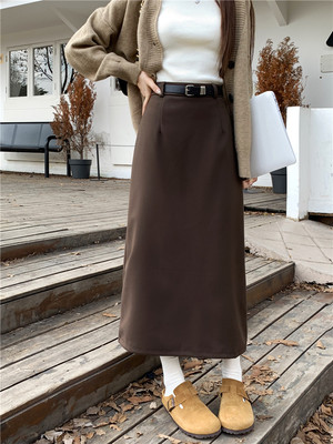 毛呢半身裙秋冬开叉一步长裙