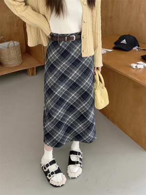 复古格纹毛呢半身裙女格子长裙