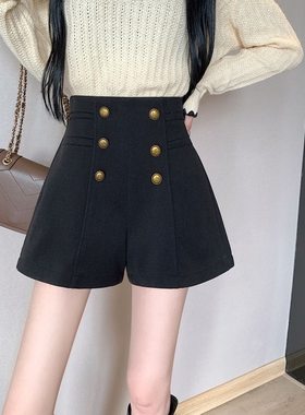 大码毛呢短裤女高腰a字外穿靴裤