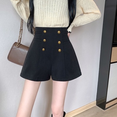 大码毛呢短裤女高腰a字外穿靴裤