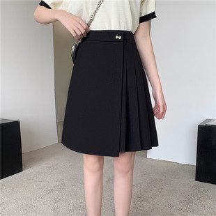 梨形身材黑色不规则半身裙大码 高腰中长裙显瘦a字百褶裙遮胯中裙
