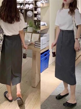高级感灰色西装半身裙大码高腰显瘦直筒a字裙后开叉包臀遮胯长裙
