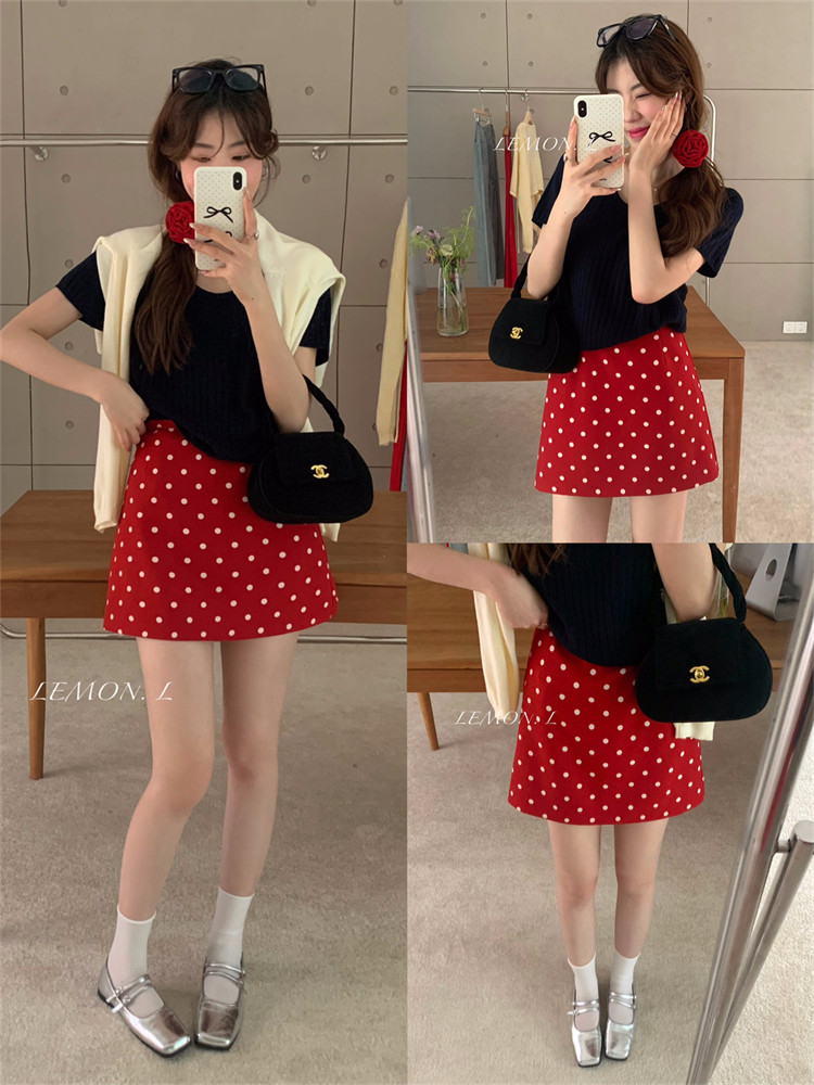 复古红色波点半身裙女夏季大码高腰显瘦防走光A字短裙百搭包臀裙,女装/女士精品,半身裙,淘宝优惠券,粉丝福利购,淘宝优惠卷