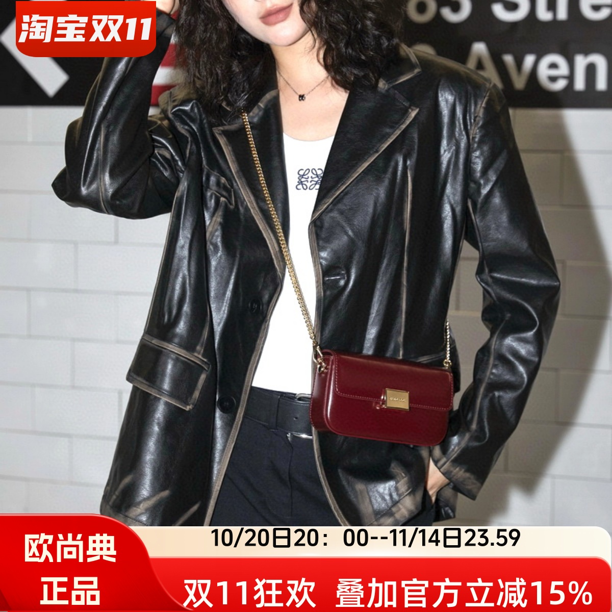 欧尚典真皮小包包女2025春夏安可拉红色高级感迷你链条斜挎手机包