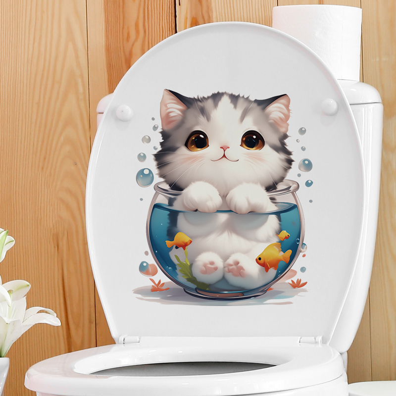 卡通可爱鱼缸里的猫咪墙贴纸自粘防水马桶贴画盖子水箱装饰布置