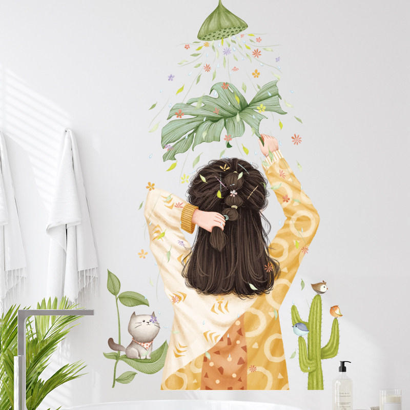 小清新可爱少女心浴室猫咪荷花玻璃贴墙贴画自粘防水床头墙角房门