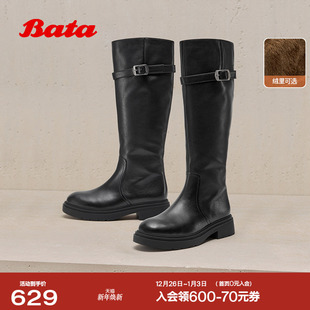 Bata骑士靴女2025冬商场新款 加绒英伦牛皮粗跟骑士靴长靴AC280DG5