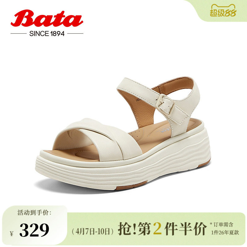 Bata时装凉鞋女季商场新款百搭羊皮厚底一字带凉鞋UDX29BL5