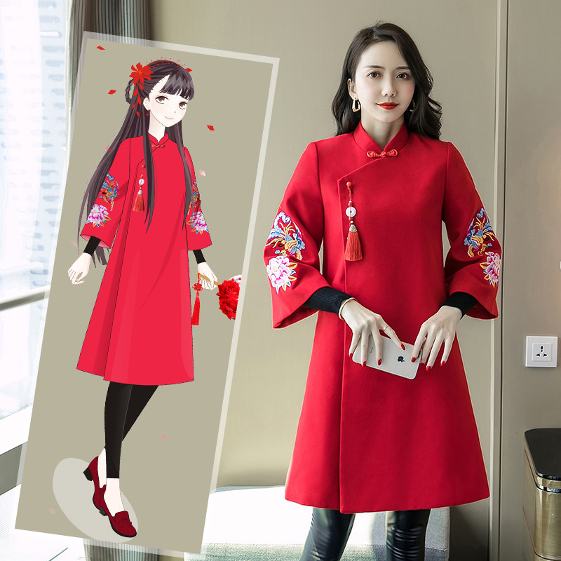 改良版旗袍女秋冬装加厚外套中国风复古民族风中式连衣裙红色唐装