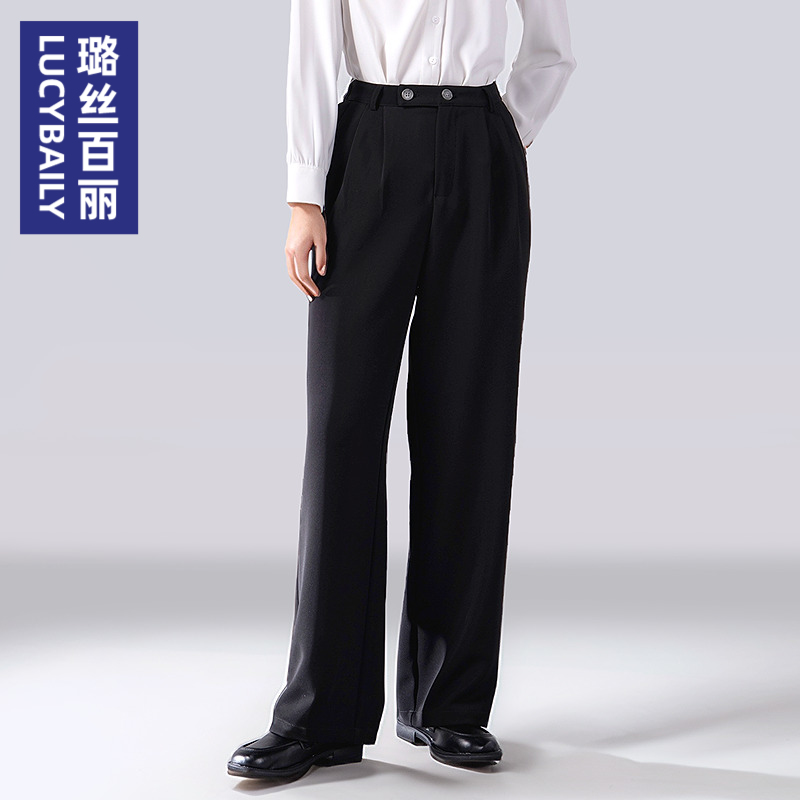 璐丝百丽黑色西装裤子女正装面试穿搭小个子直筒裤职业垂感西裤