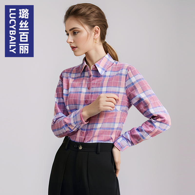 璐丝百丽2025新款时尚女士格子衬衫高人气衬衣百搭长袖格纹上衣