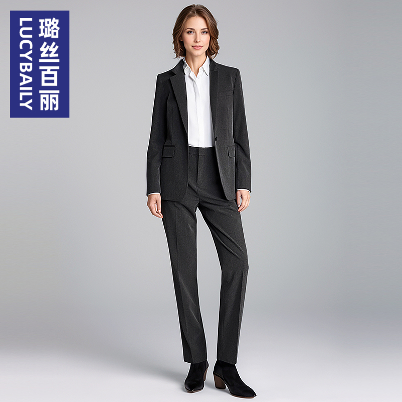 璐丝百丽深灰色一粒扣职业西装套装女教资公务员面试正装西服上衣