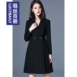 高端黑色长袖连衣裙职业气质西装领2026新款春秋职场时尚收腰女裙