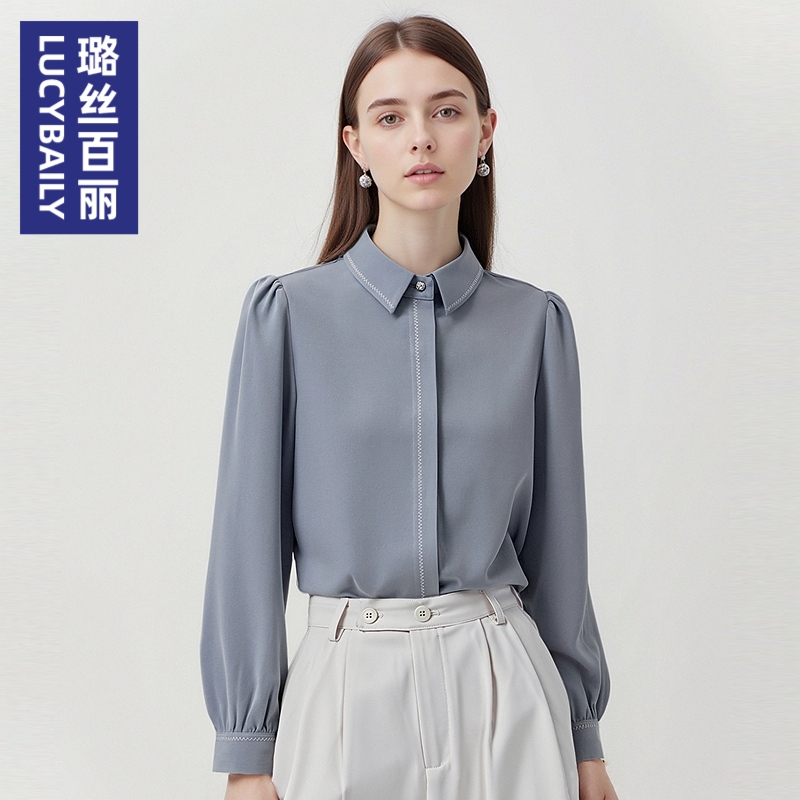 衬衫职业气质时尚百搭长袖雪纺女2025高级感蓝色面试衬衣翻领正装