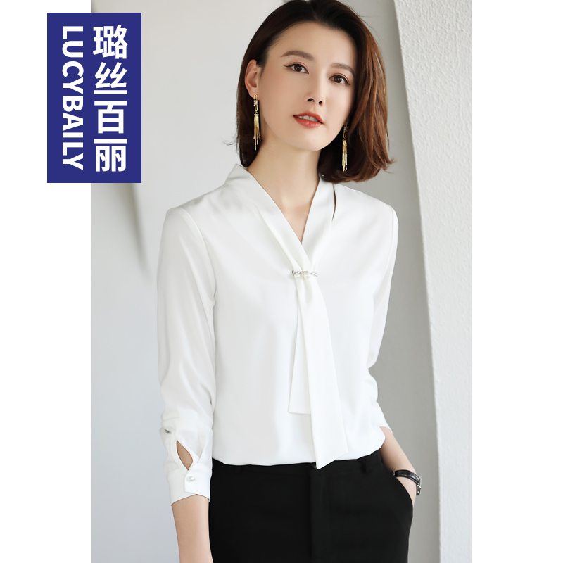 白衬衫女长袖雪纺v领上衣气质职业装2025春秋新款宽松设计感衬衣